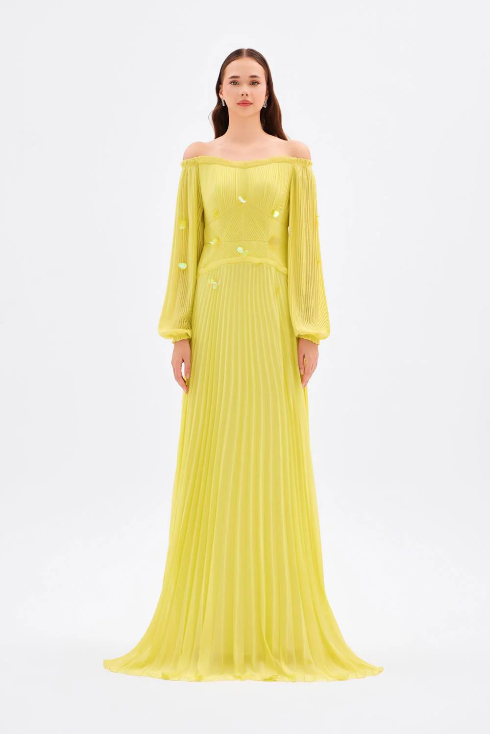 PAPATYA İŞLEMELİ DÜŞÜK KOLLU UZUN ABİYE ELBİSE - 2043C