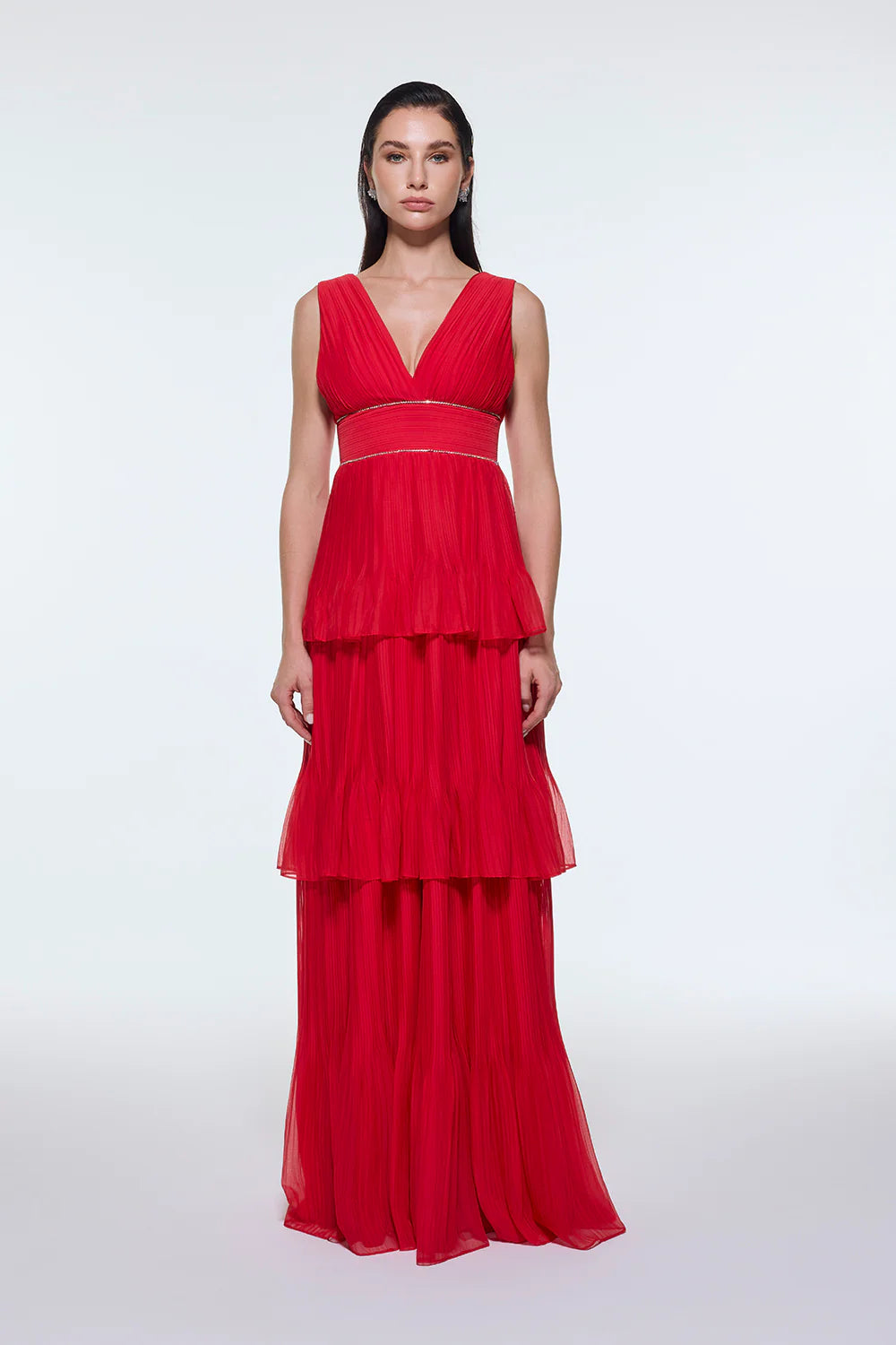 V YAKA VOLANLI ŞİFON UZUN ABİYE ELBİSE - 9274C