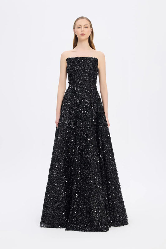 PAYET İŞLEMELİ STRAPLEZ UZUN ABİYE ELBİSE - 9331C