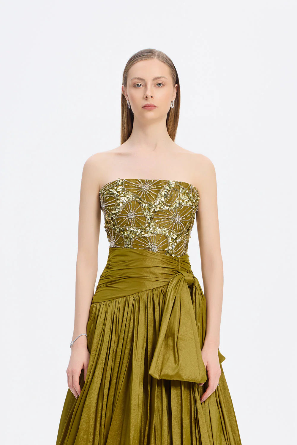 TAŞ İŞLEMELİ YIRTMAÇLI TAFTA UZUN ABİYE ELBİSE - 9107C