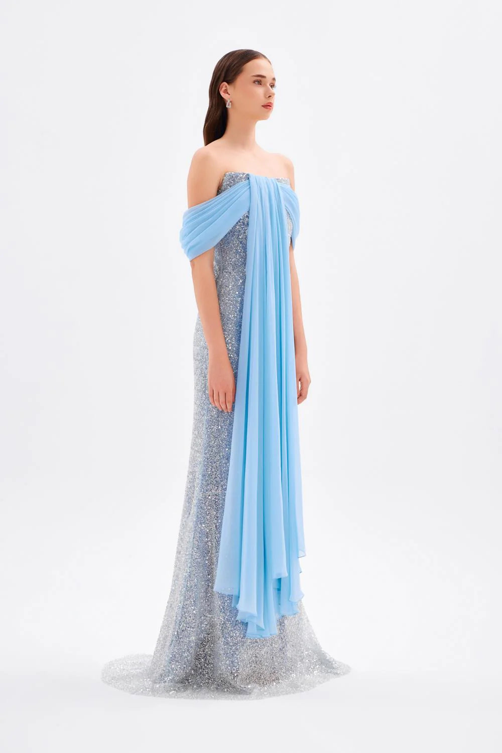 DÜŞÜK OMUZ DETAYLI TAŞLI STRAPLEZ UZUN ABİYE ELBİSE - 9016C