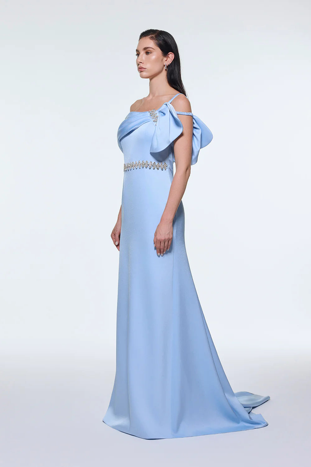 TAŞ İŞLEMELİ KEMER DETAYLI UZUN ABİYE ELBİSE - 9294C