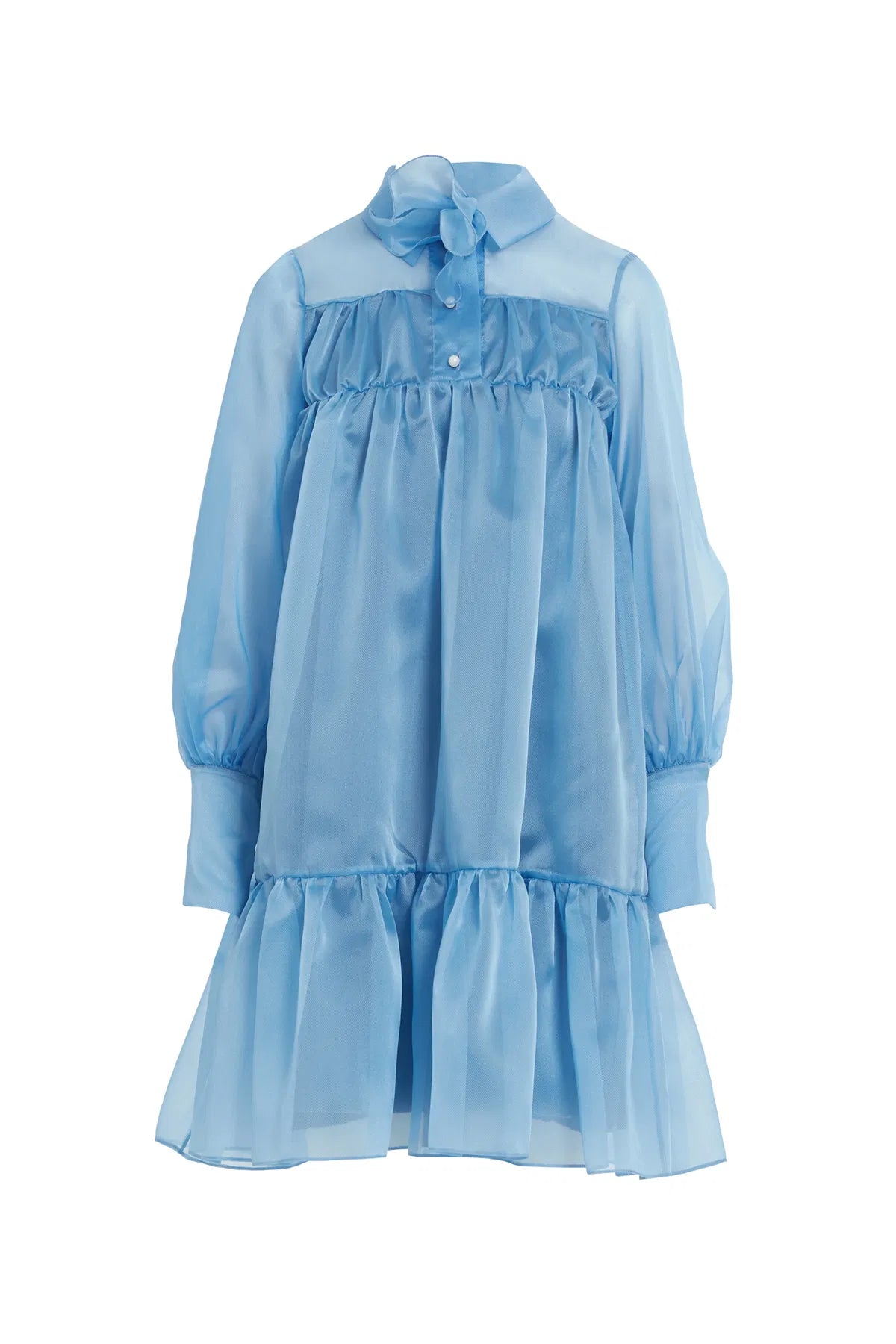 çıkarılabilir çiçek Detaylı، Etek Ucu Büzgülü Transparan Mavi Elbise