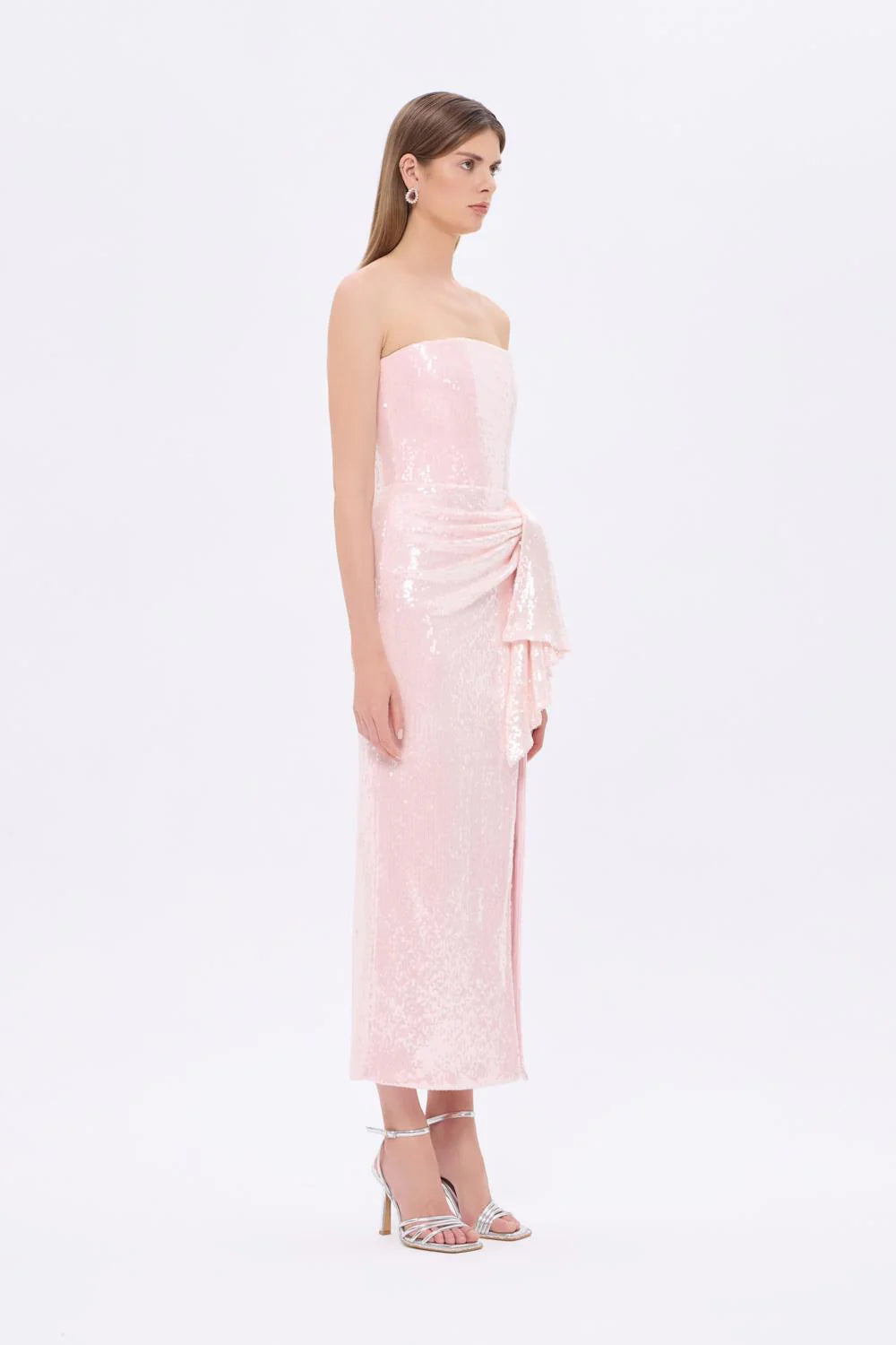 BEL ÖRTÜ DETAYLI STRAPLEZ MİDİ ABİYE ELBİSE - 9295C