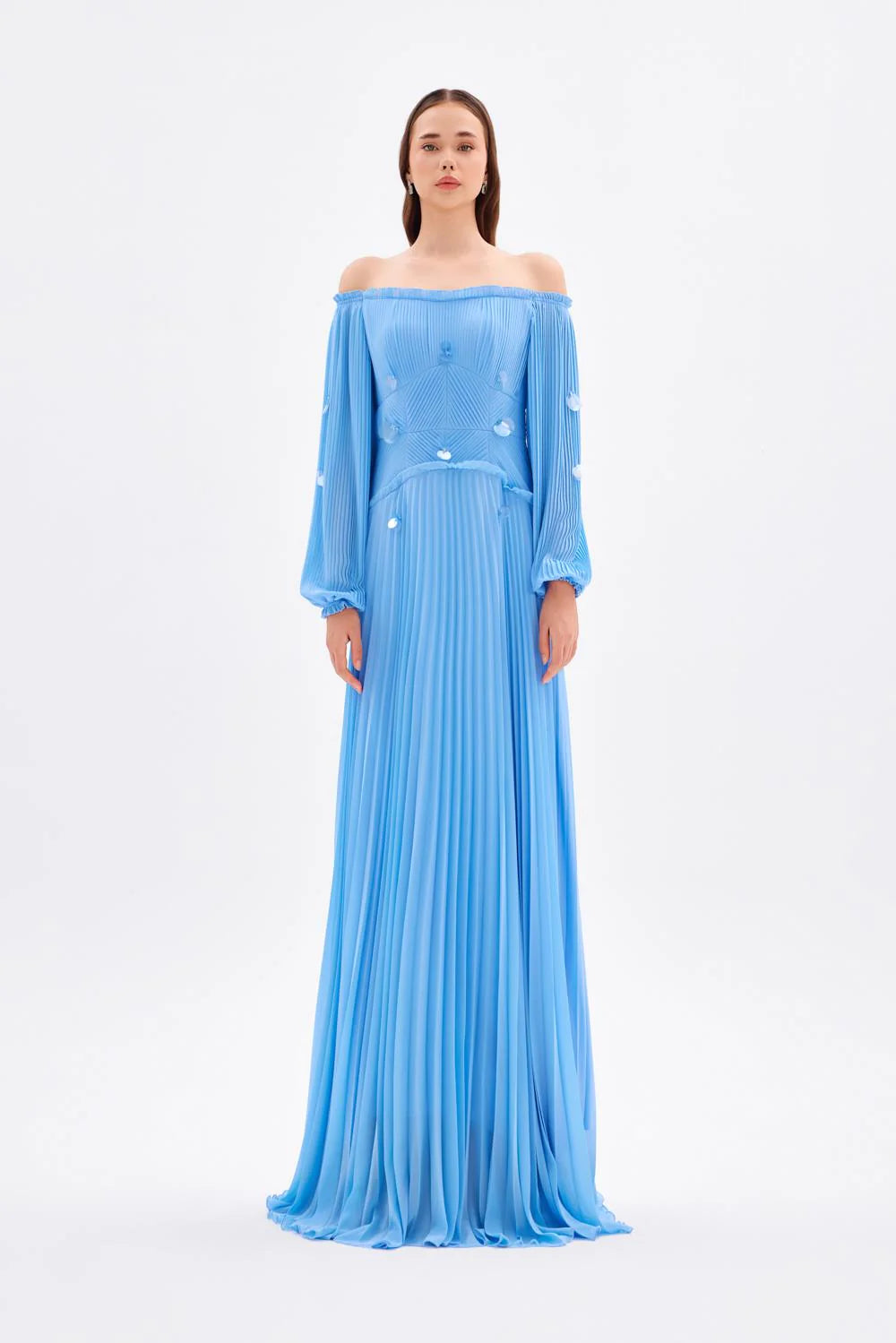 PAPATYA İŞLEMELİ DÜŞÜK KOLLU UZUN ABİYE ELBİSE - 2043C