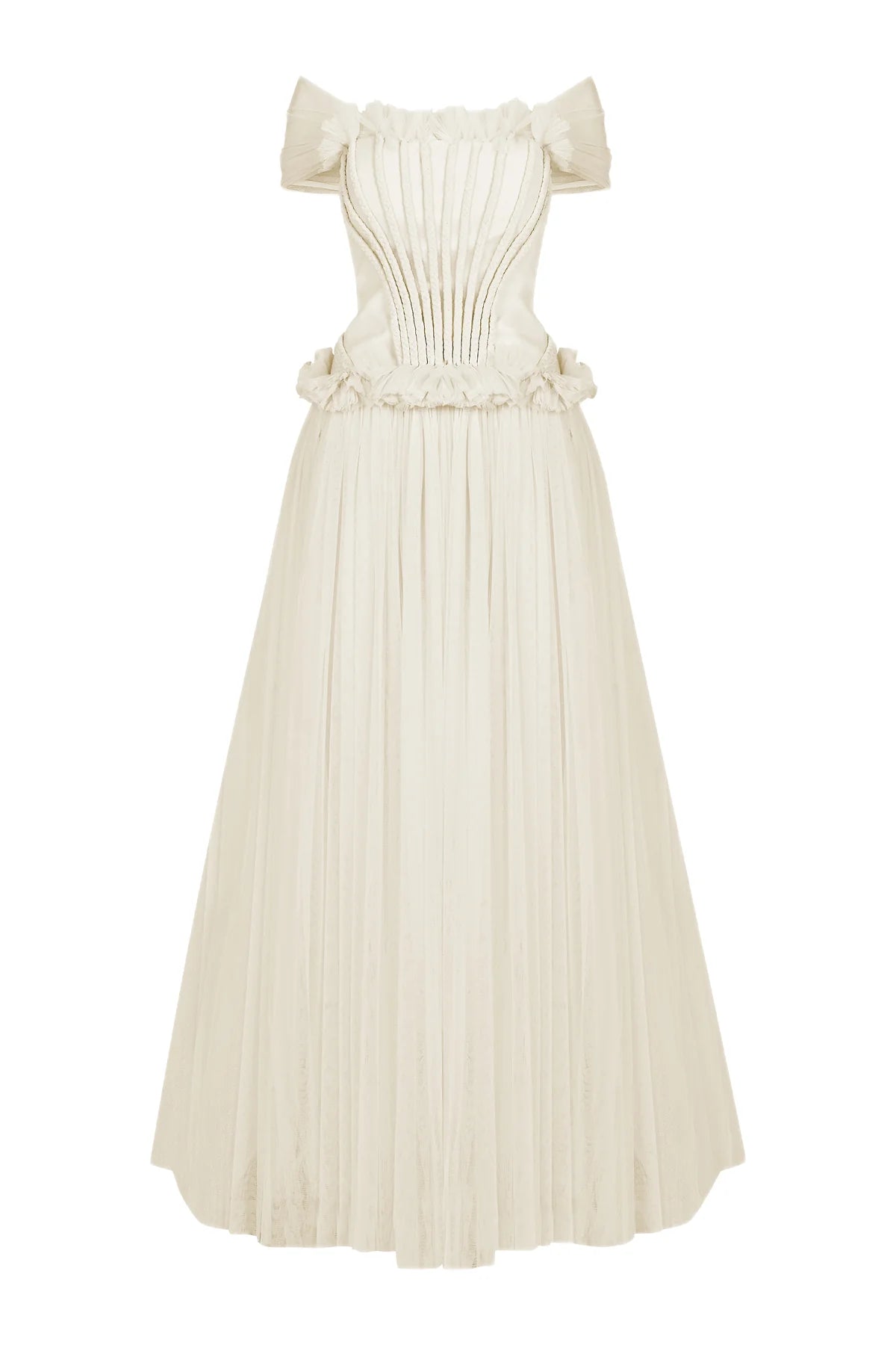 BELİ BÜZGÜ DETAYLI OMUZLARI AÇIK UZUN ABİYE ELBİSE 1237