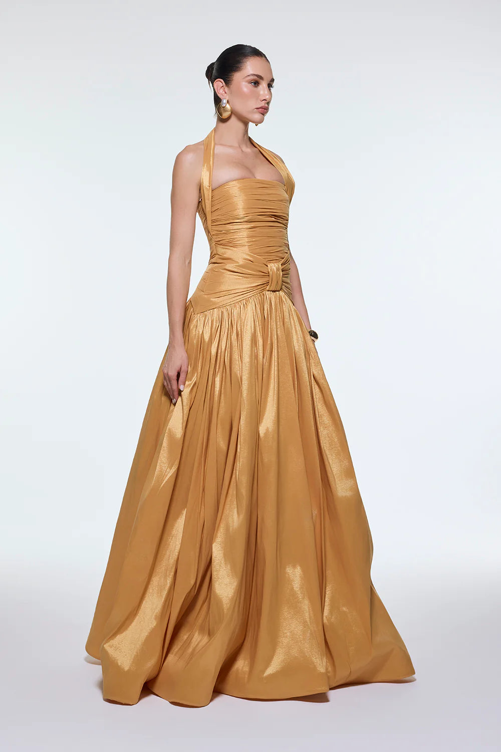 BOYUNDAN ASKILI DRAPELİ TAFTA UZUN ABİYE ELBİSE - 9280C