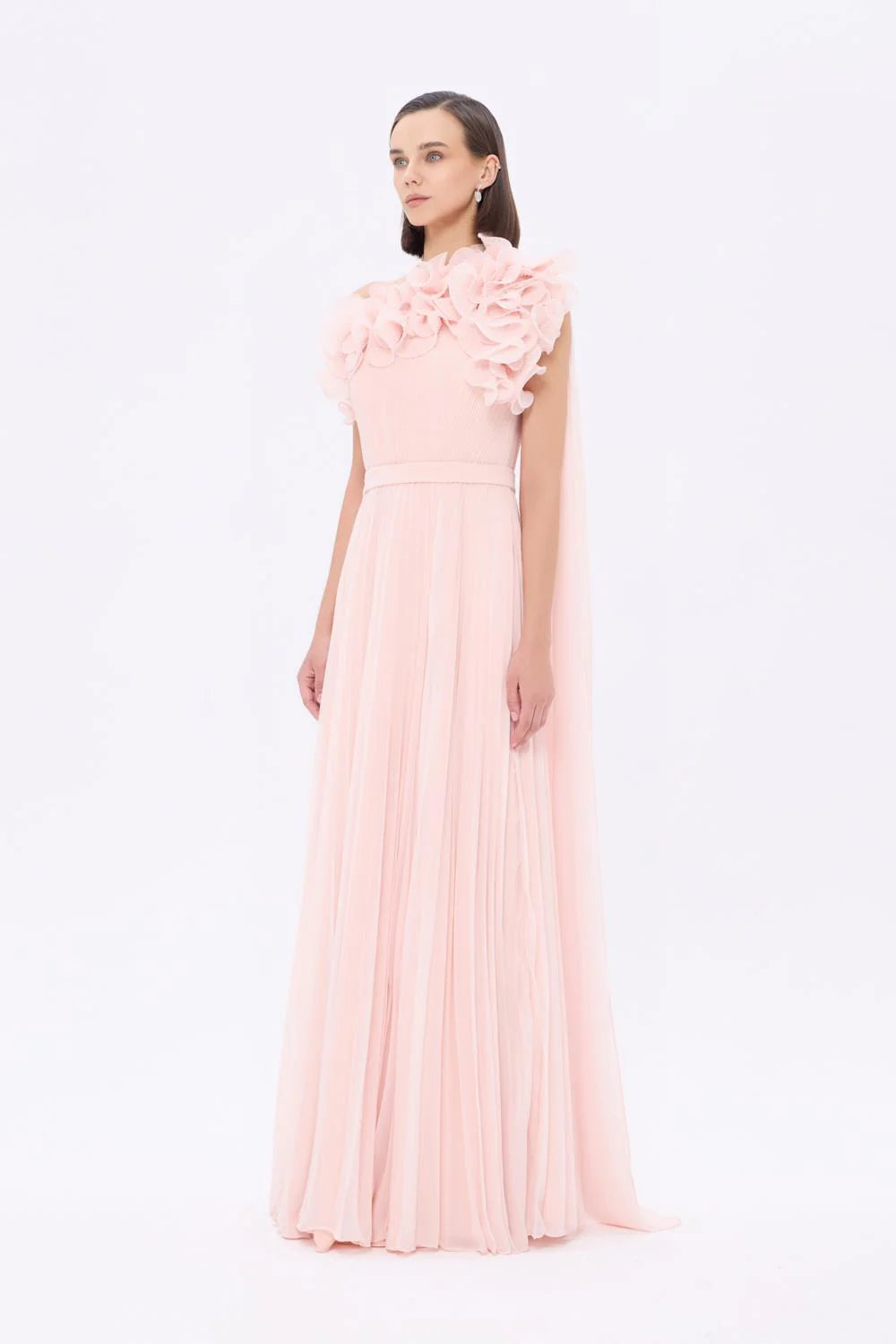 TEK OMUZ ÇİÇEK DETAYLI UZUN ABİYE ELBİSE - AP0020