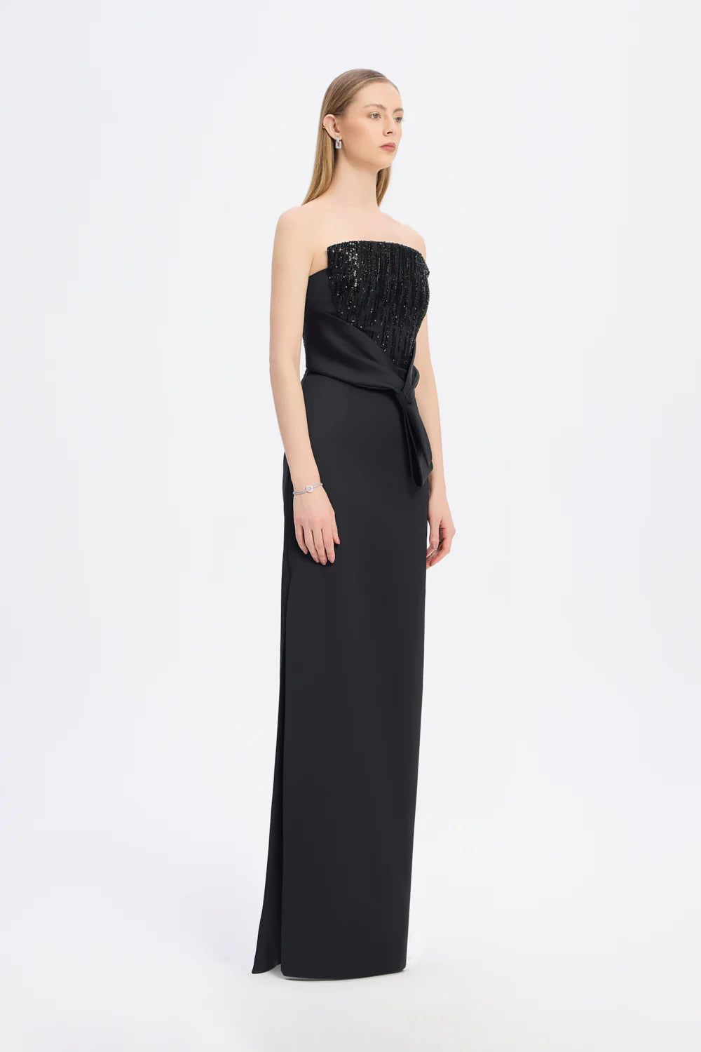 STRAPLEZ YAKA DÜZ KESİM SATEN ABİYE ELBİSE - 9171C