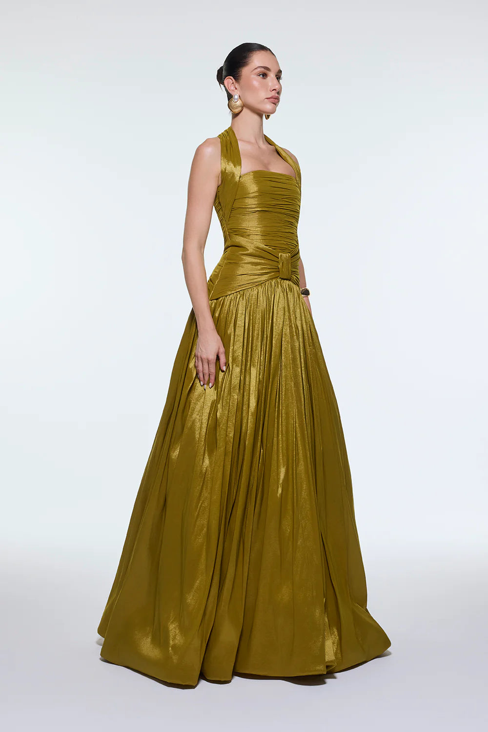 BOYUNDAN ASKILI DRAPELİ TAFTA UZUN ABİYE ELBİSE - 9280C