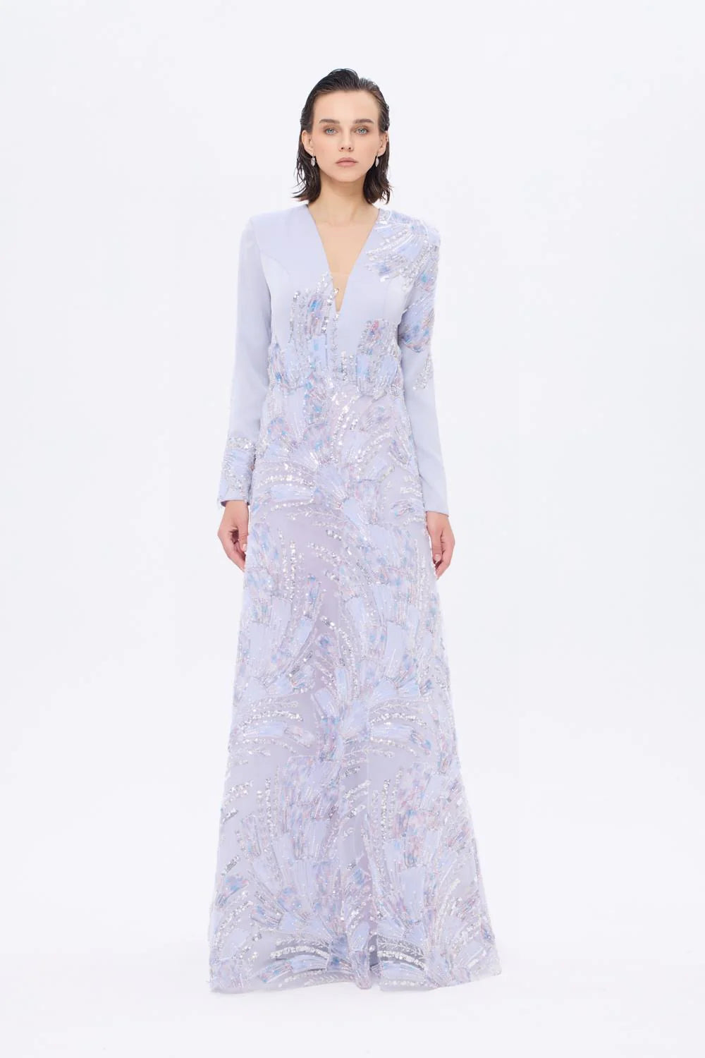 V YAKA İŞLEME DETAYLI UZUN KOLLU UZUN ABİYE ELBİSE - AP0023