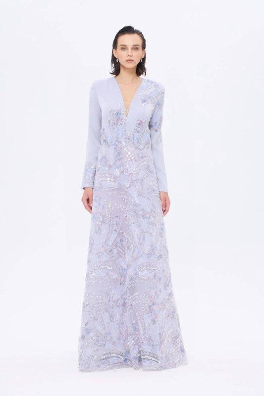 V YAKA İŞLEME DETAYLI UZUN KOLLU UZUN ABİYE ELBİSE - AP0023