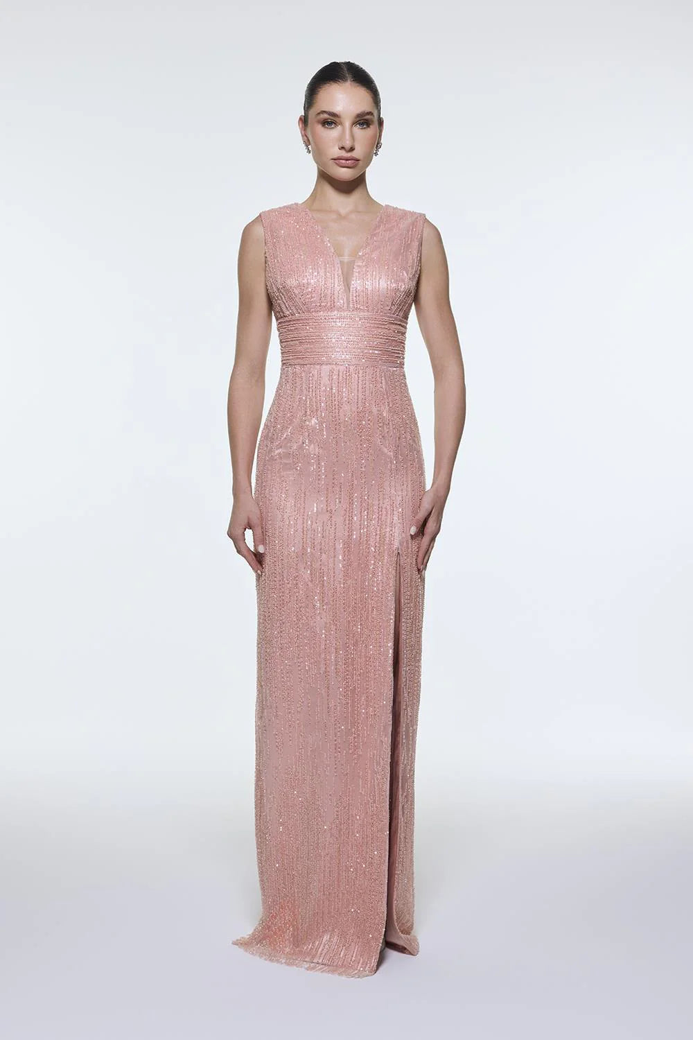 V YAKALI KOLSUZ TAŞ İŞLEMELİ ABİYE ELBİSE - 9349C