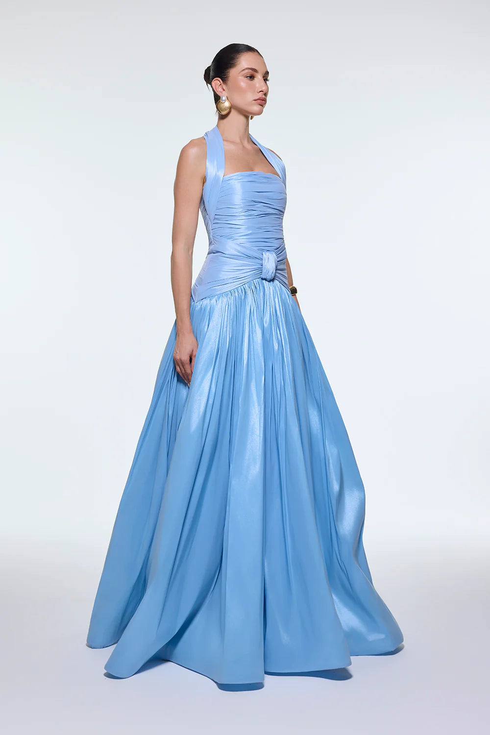 BOYUNDAN ASKILI DRAPELİ TAFTA UZUN ABİYE ELBİSE - 9280C