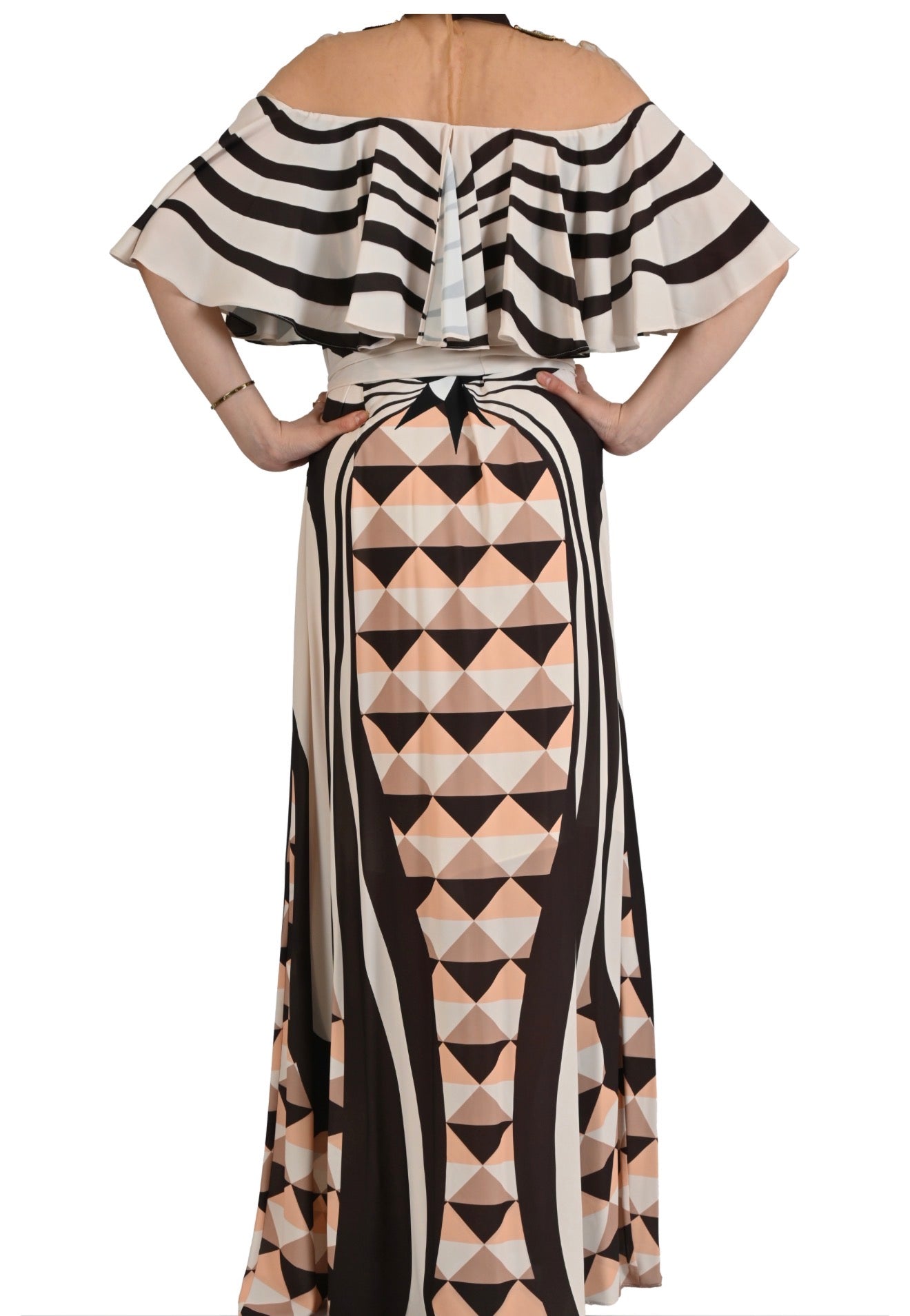 ANTİK ALTIN YAKA DETAYLI GEOMETRİK DESENLİ ABİYE ELBİSE