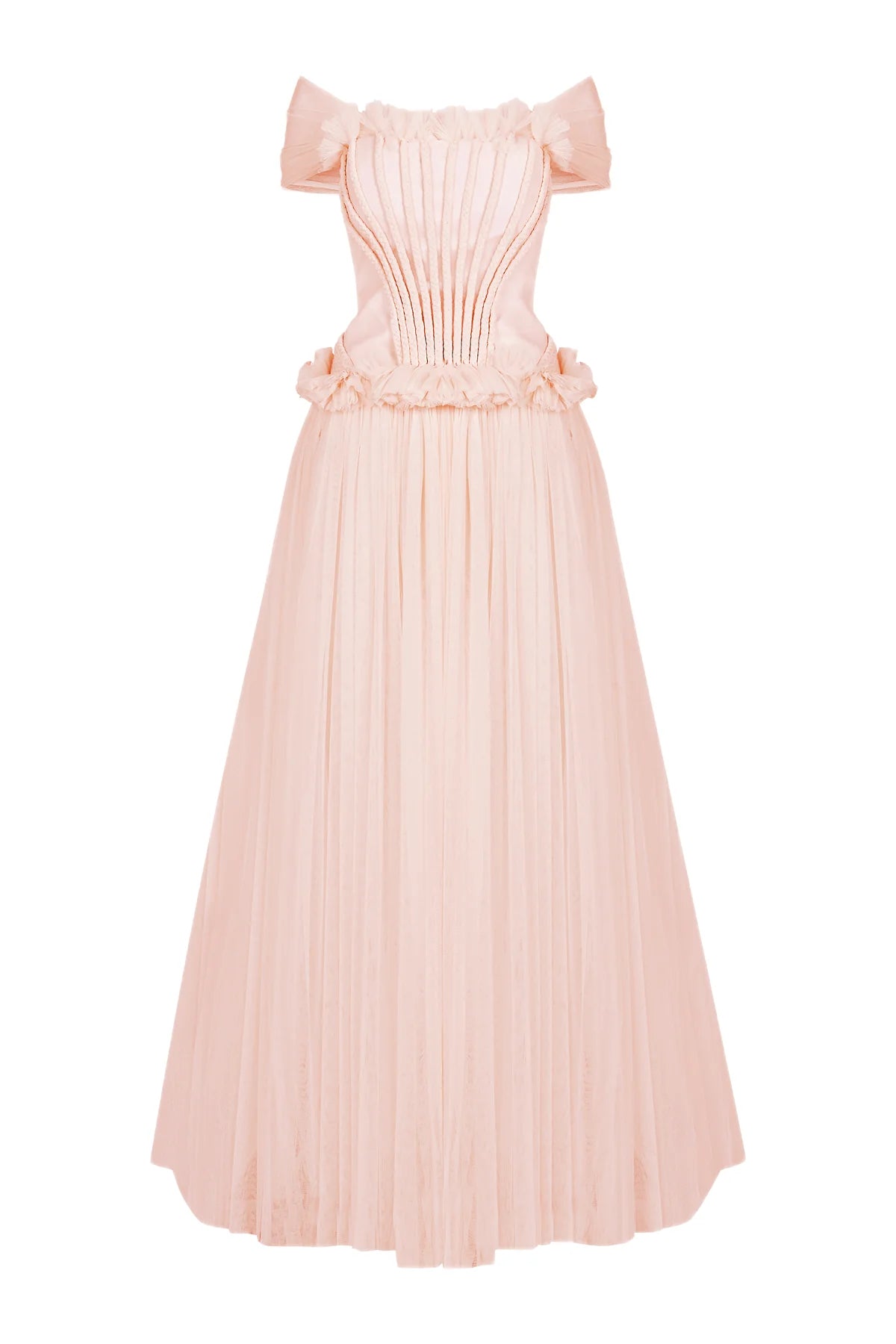 BELİ BÜZGÜ DETAYLI OMUZLARI AÇIK UZUN ABİYE ELBİSE 1237