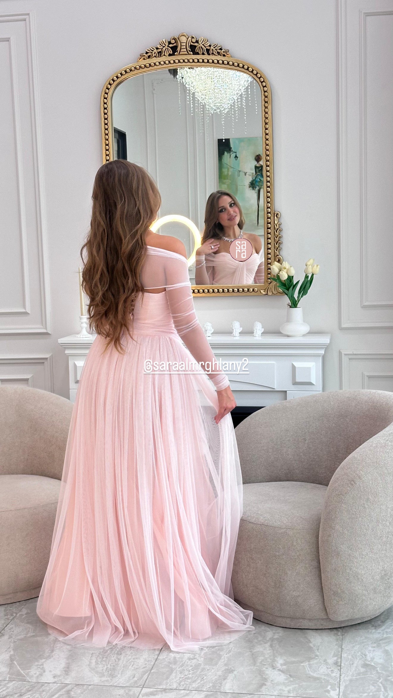 TRANSPARAN TÜL KOLLU STRAPLEZ UZUN ABİYE 2220