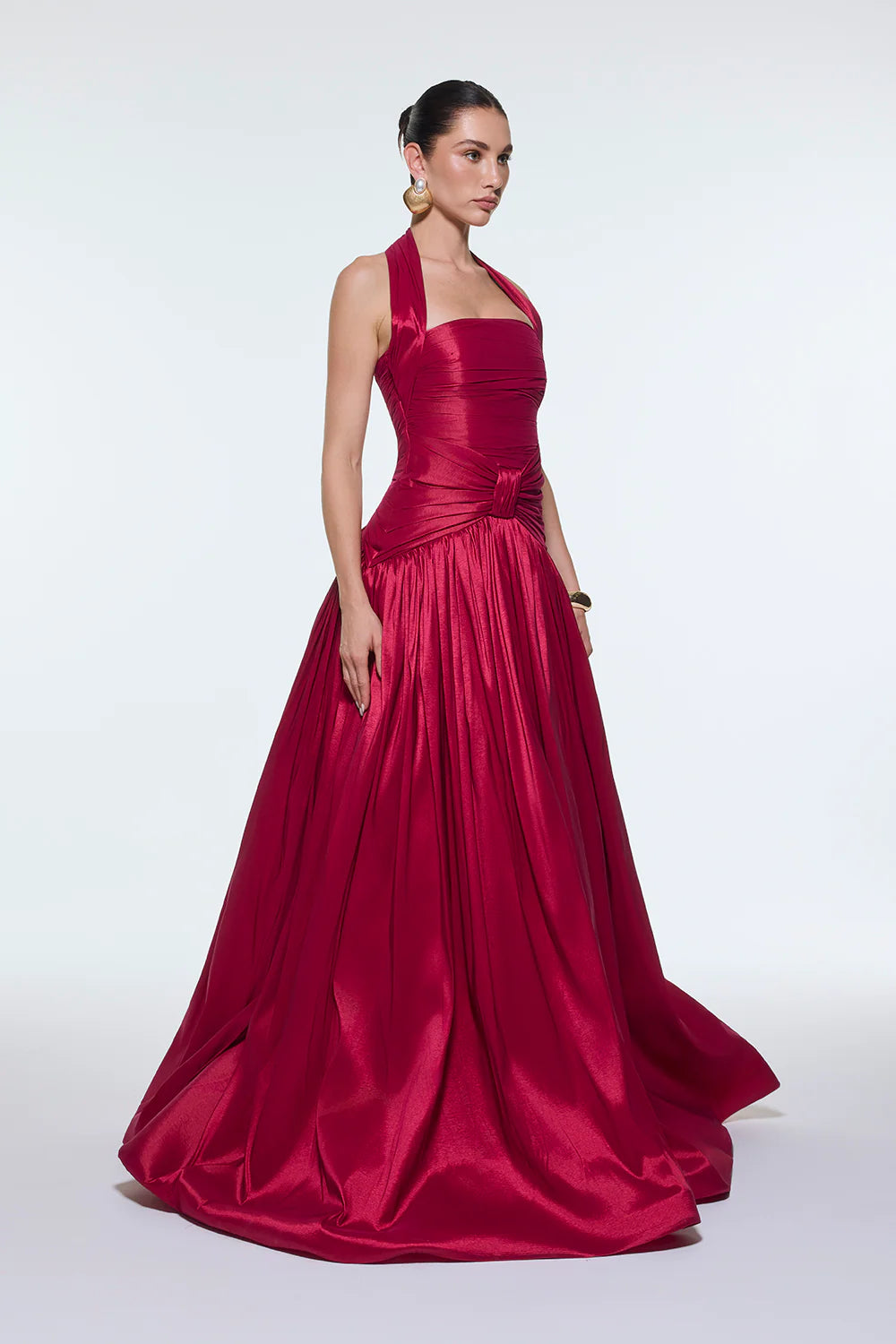 BOYUNDAN ASKILI DRAPELİ TAFTA UZUN ABİYE ELBİSE - 9280C