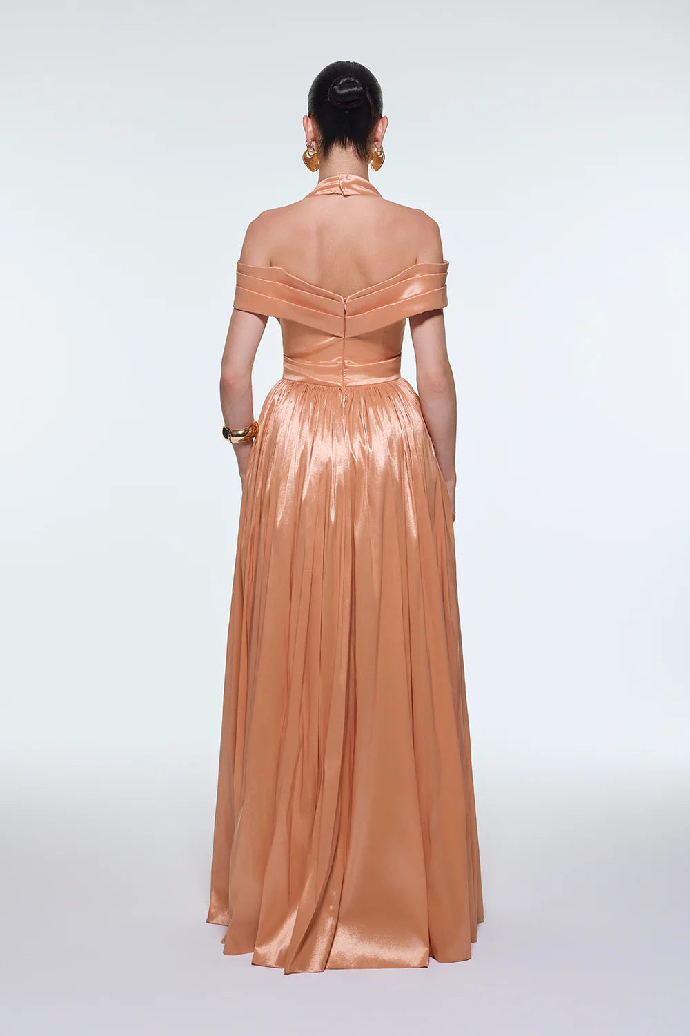 BOYUNDAN ASKILI DÜŞÜK OMUZ TAFTA UZUN ABİYE ELBİSE - 9204C