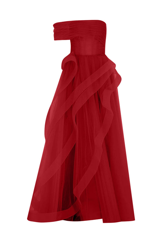 TEK OMUZ VOLAN DETAYLI TÜL UZUN ABİYE ELBİSE