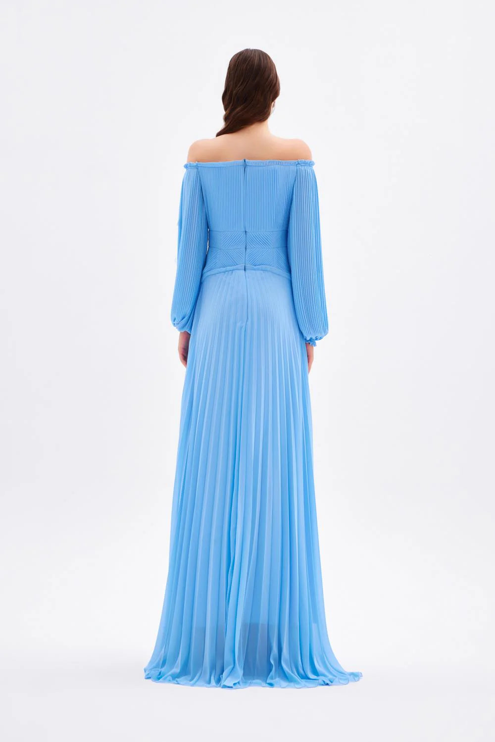 PAPATYA İŞLEMELİ DÜŞÜK KOLLU UZUN ABİYE ELBİSE - 2043C