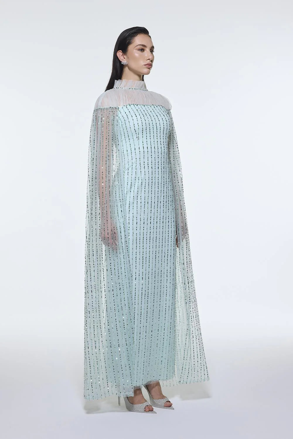 DİK YAKA TAŞ İŞLEMELİ TÜL UZUN ABİYE ELBİSE - 9400C