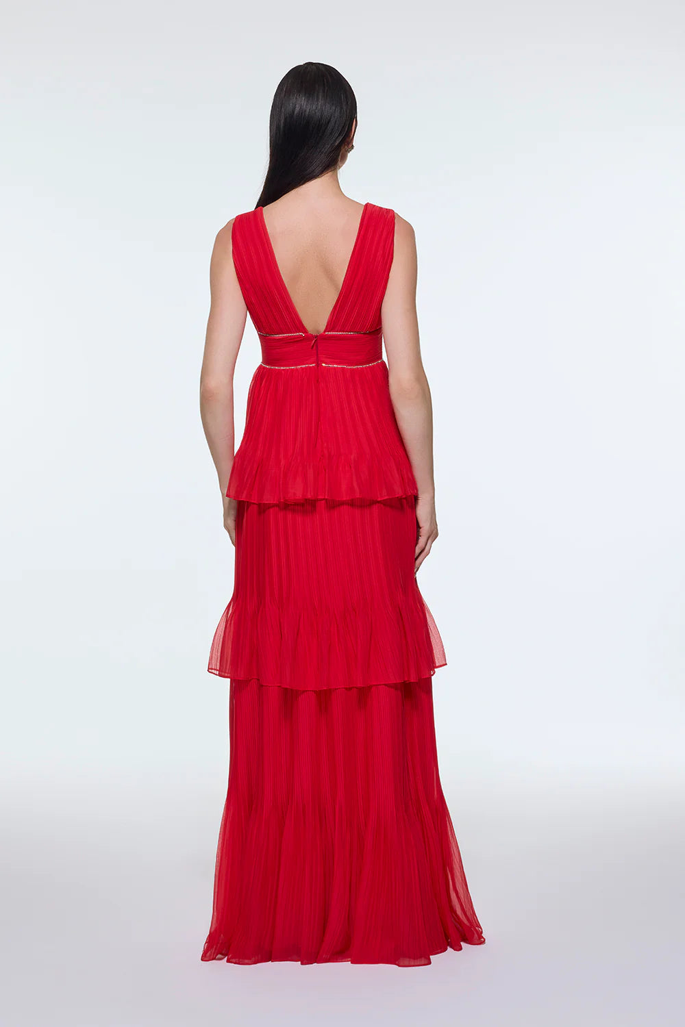 V YAKA VOLANLI ŞİFON UZUN ABİYE ELBİSE - 9274C