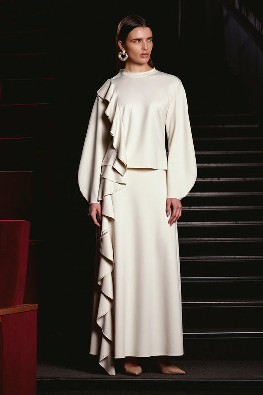 VOLANLI YÜKSEK YAKA BLUZ ETEK TAKIM