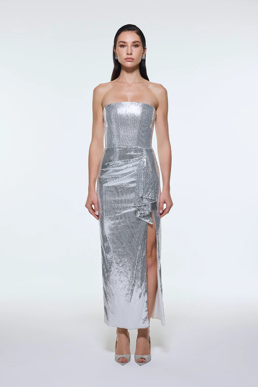 BEL ÖRTÜ DETAYLI STRAPLEZ MİDİ ABİYE ELBİSE - 9295C