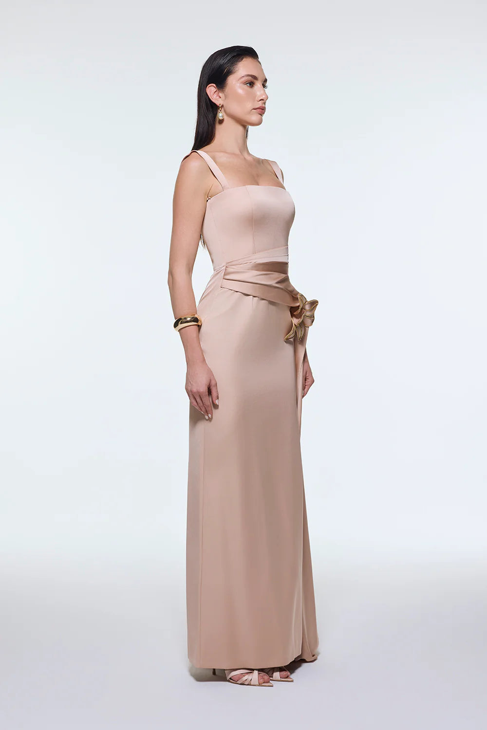 BEL DETAYLI ASKILI SATEN UZUN ABİYE ELBİSE - 9278C