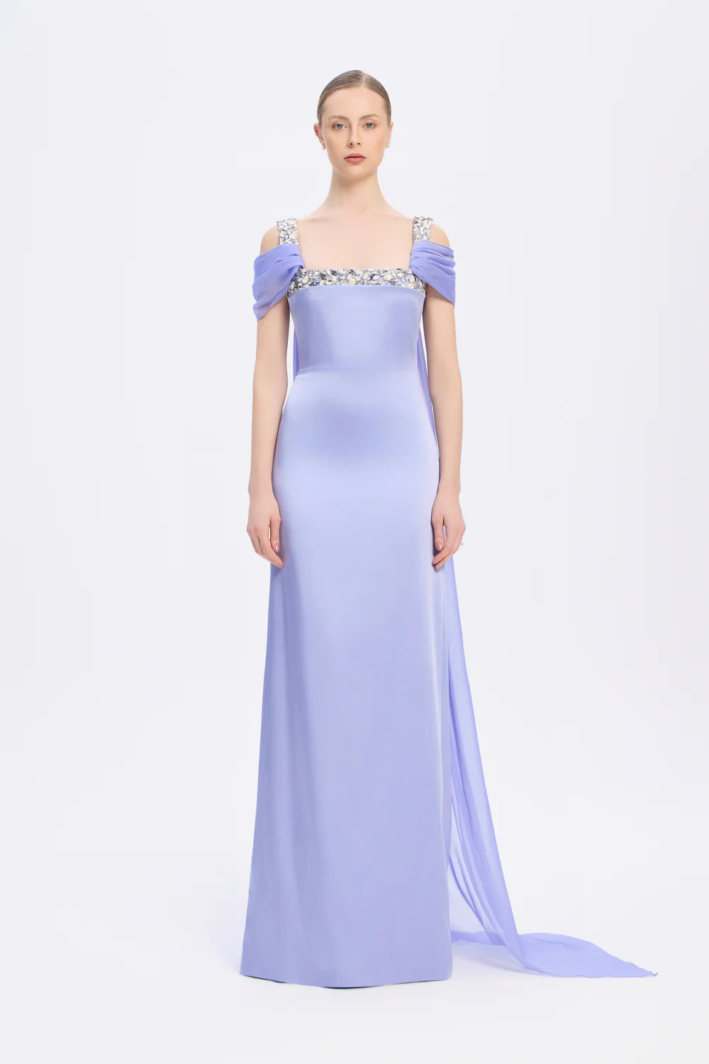 ŞİFON PELERİNLİ TAŞ İŞLEMELİ ASKILI UZUN ABİYE ELBİSE - 9053C