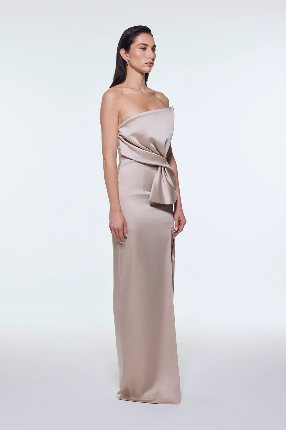 STRAPLEZ YAKA YIRTMAÇLI SATEN UZUN ABİYE ELBİSE - 9281C