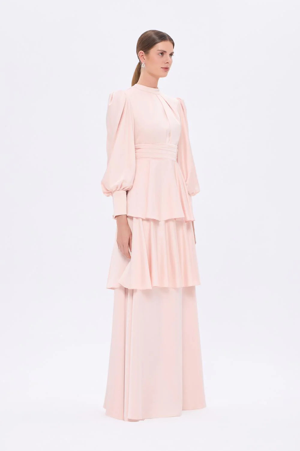 BALON KOLLU VOLAN DETAYLI UZUN ABİYE ELBİSE - 9363C