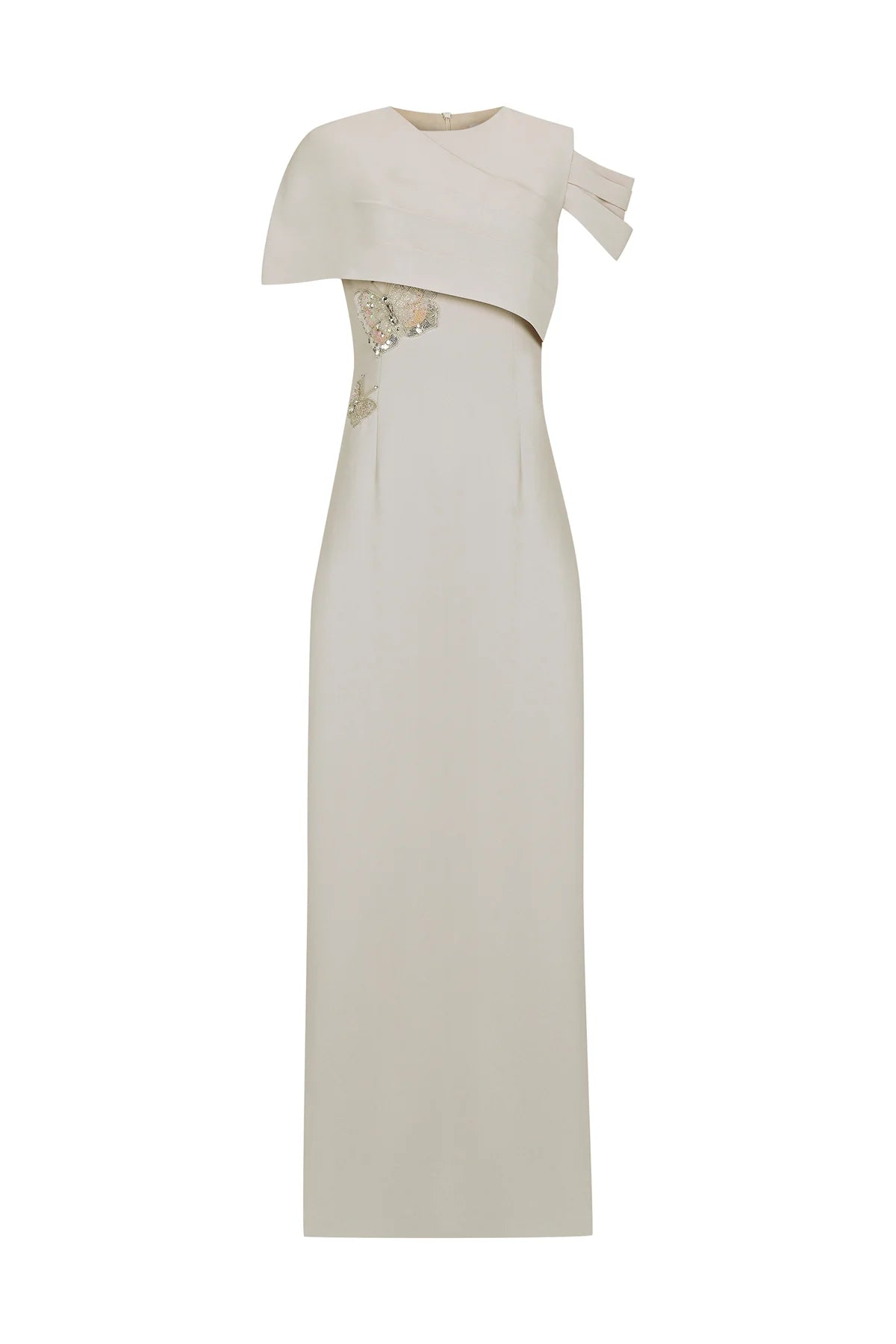 ASİMETRİK DRAPELİ BELİ İŞLEMELİ UZUN ABİYE ELBİSE 1239