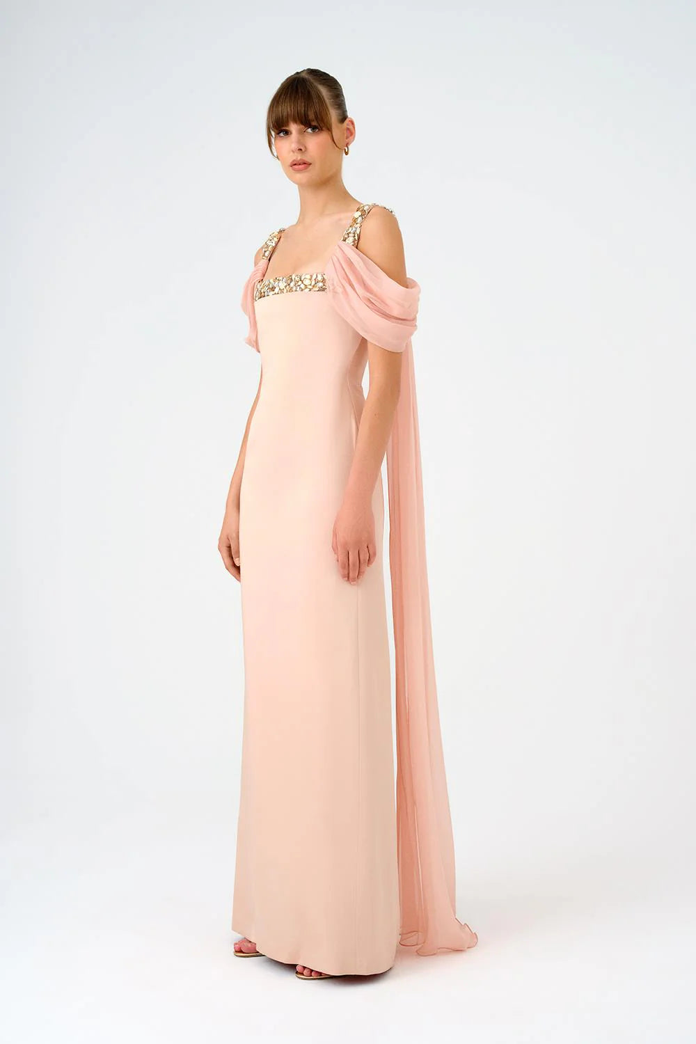 ŞİFON PELERİNLİ TAŞ İŞLEMELİ ASKILI UZUN ABİYE ELBİSE - 9053C