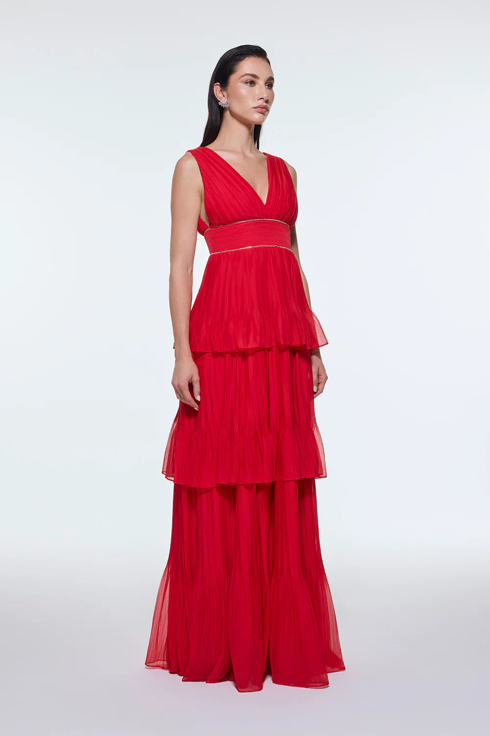 V YAKA VOLANLI ŞİFON UZUN ABİYE ELBİSE - 9274C