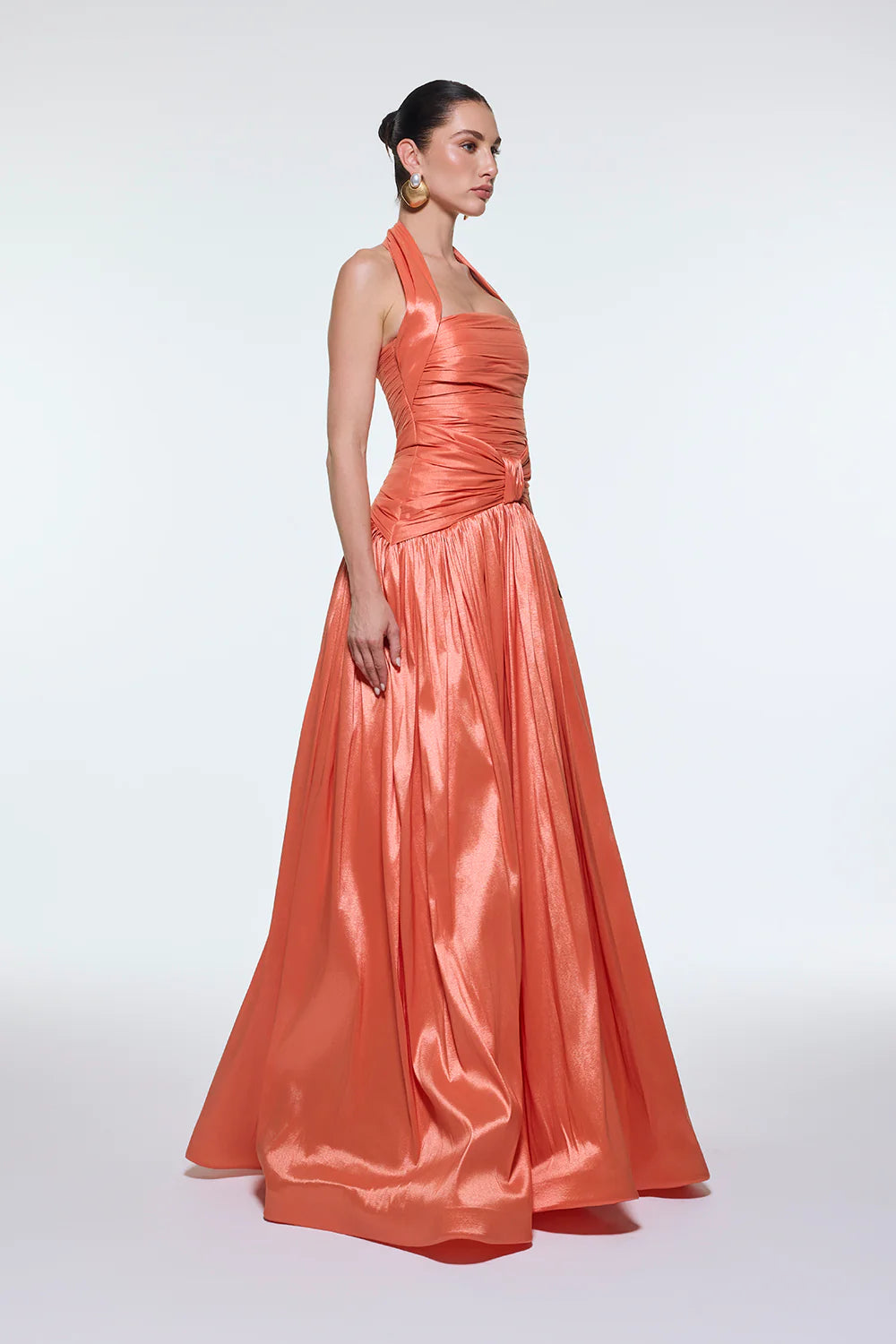 BOYUNDAN ASKILI DRAPELİ TAFTA UZUN ABİYE ELBİSE - 9280C