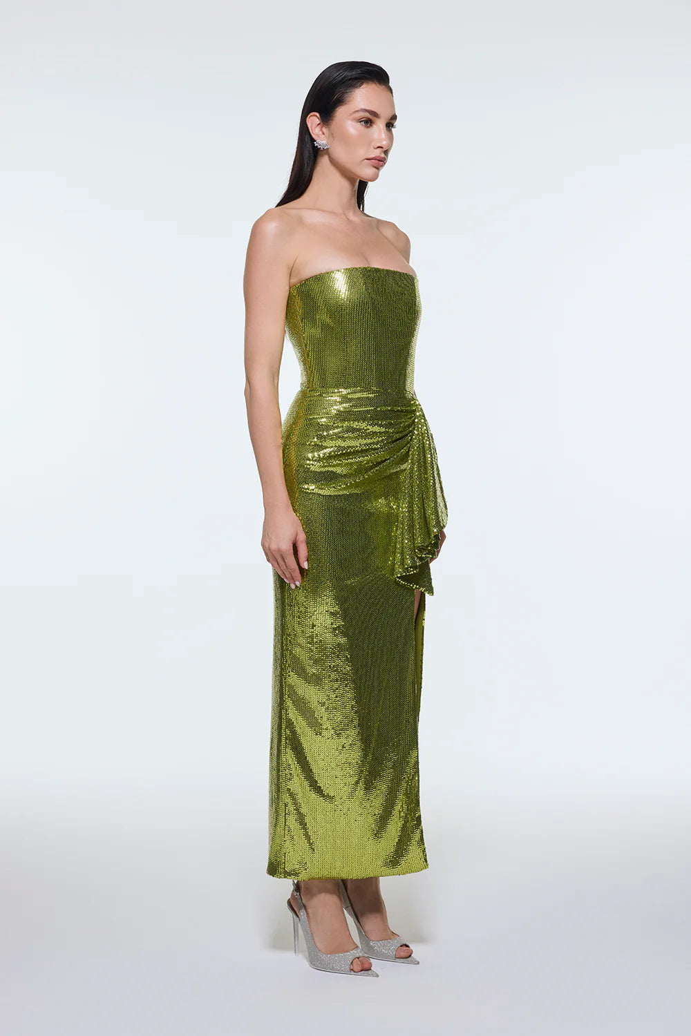 BEL ÖRTÜ DETAYLI STRAPLEZ MİDİ ABİYE ELBİSE - 9295C