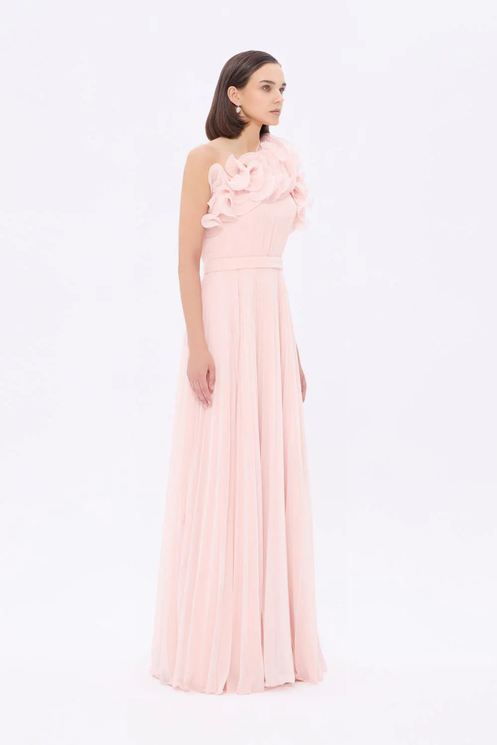 TEK OMUZ ÇİÇEK DETAYLI UZUN ABİYE ELBİSE - AP0020