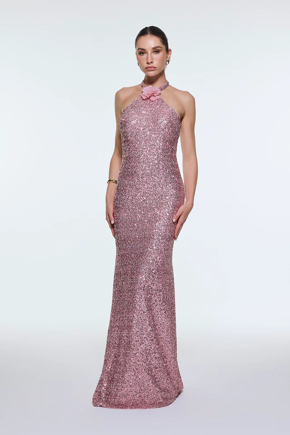 BOYUNDAN ASKILI ÇİÇEK DETAYLI PAYET UZUN ABİYE ELBİSE - 9348C