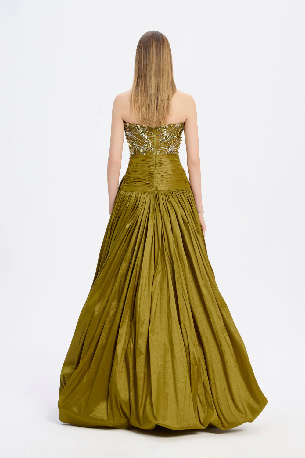 TAŞ İŞLEMELİ YIRTMAÇLI TAFTA UZUN ABİYE ELBİSE - 9107C