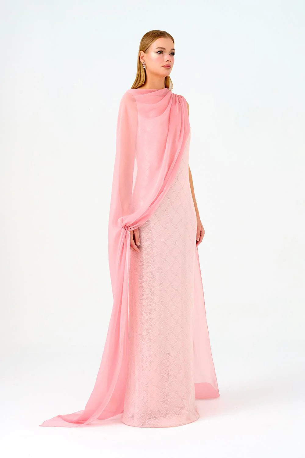 KAYIK YAKA PELERİNLİ PAYET UZUN ABİYE ELBİSE - 9038C