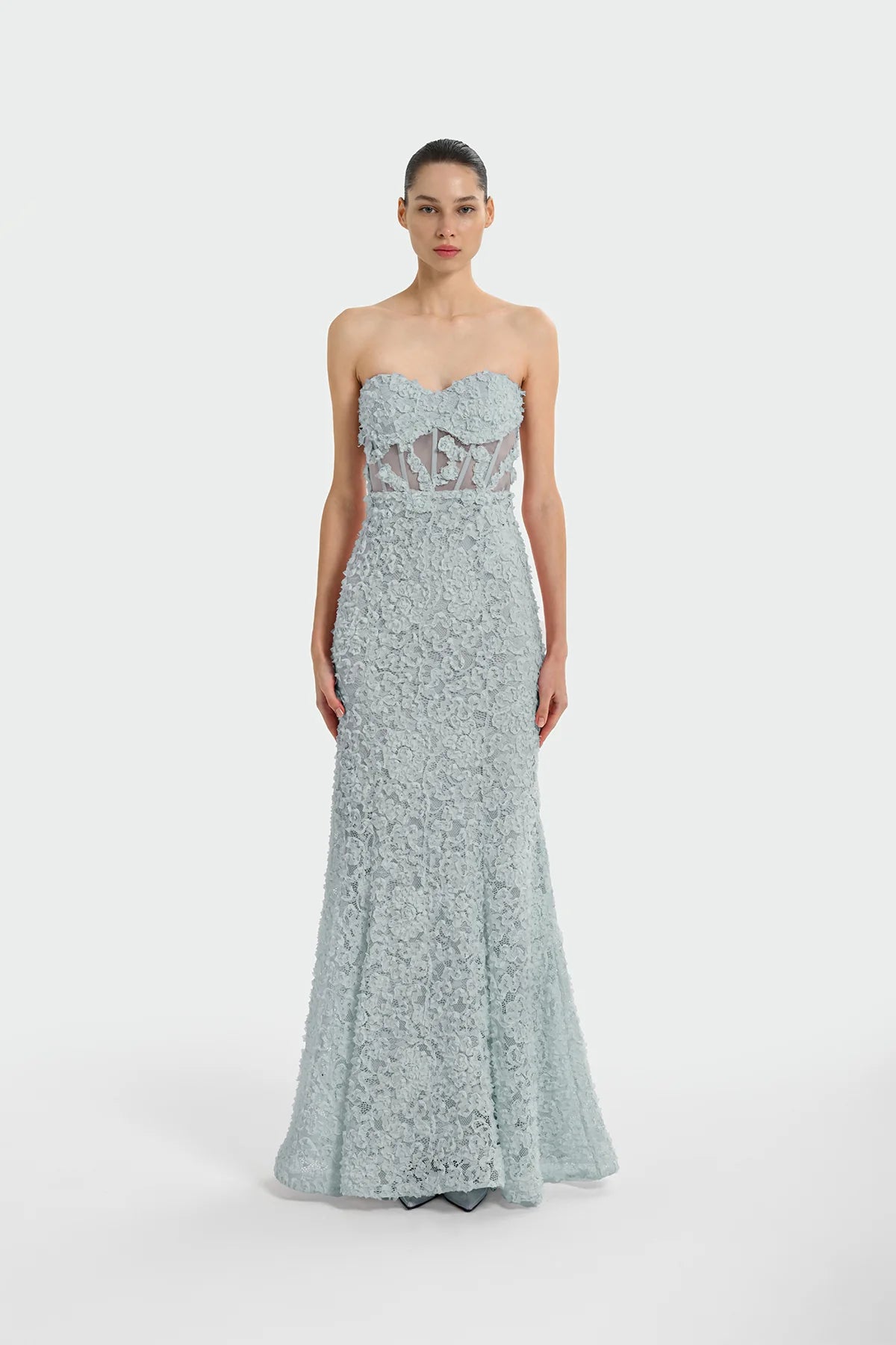 STRAPLEZ ÜÇ BOYUT ÇİÇEKLİ ABİYE ELBİSE 1338