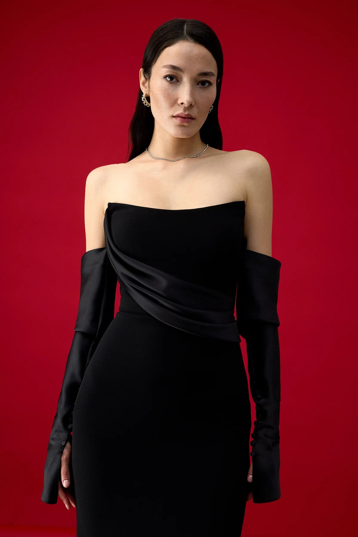 STRAPLEZ DRAPELİ ELDİVEN DETAYLI UZUN ABİYE ELBİSE 1257