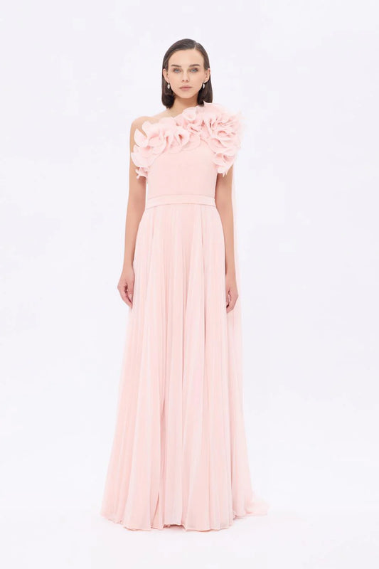 TEK OMUZ ÇİÇEK DETAYLI UZUN ABİYE ELBİSE - AP0020