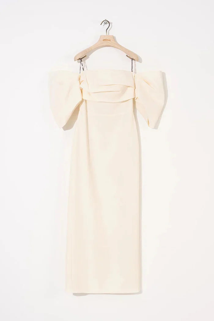 STRAPLEZ DÜŞÜK BALON KOLLU UZUN ELBİSE 1044