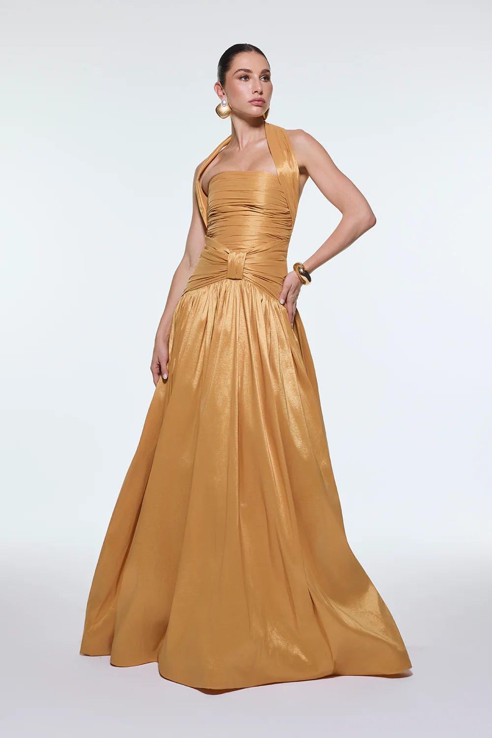 BOYUNDAN ASKILI DRAPELİ TAFTA UZUN ABİYE ELBİSE - 9280C