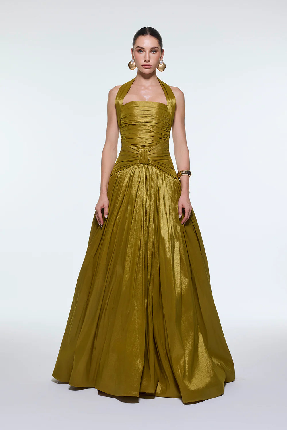 BOYUNDAN ASKILI DRAPELİ TAFTA UZUN ABİYE ELBİSE - 9280C