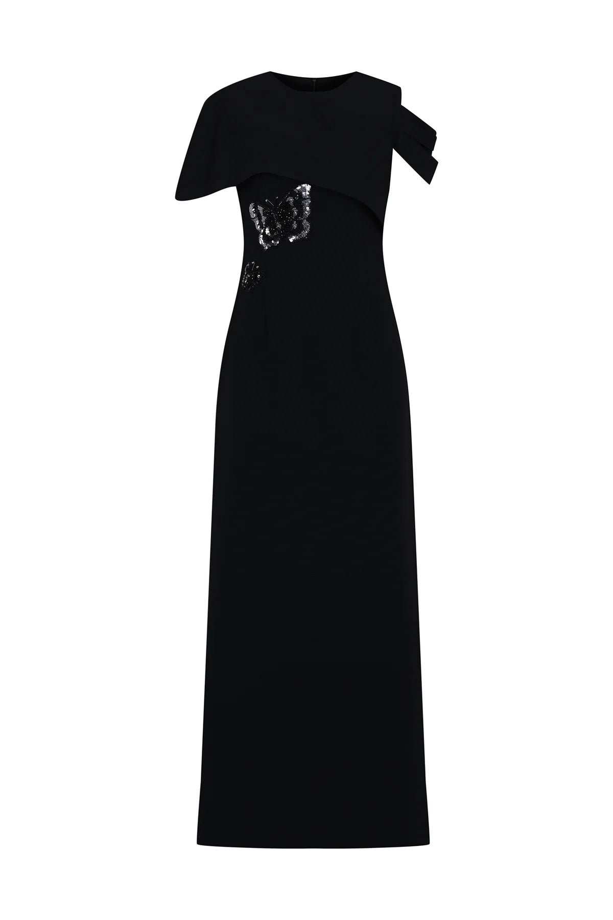 ASİMETRİK DRAPELİ BELİ İŞLEMELİ UZUN ABİYE ELBİSE 1239