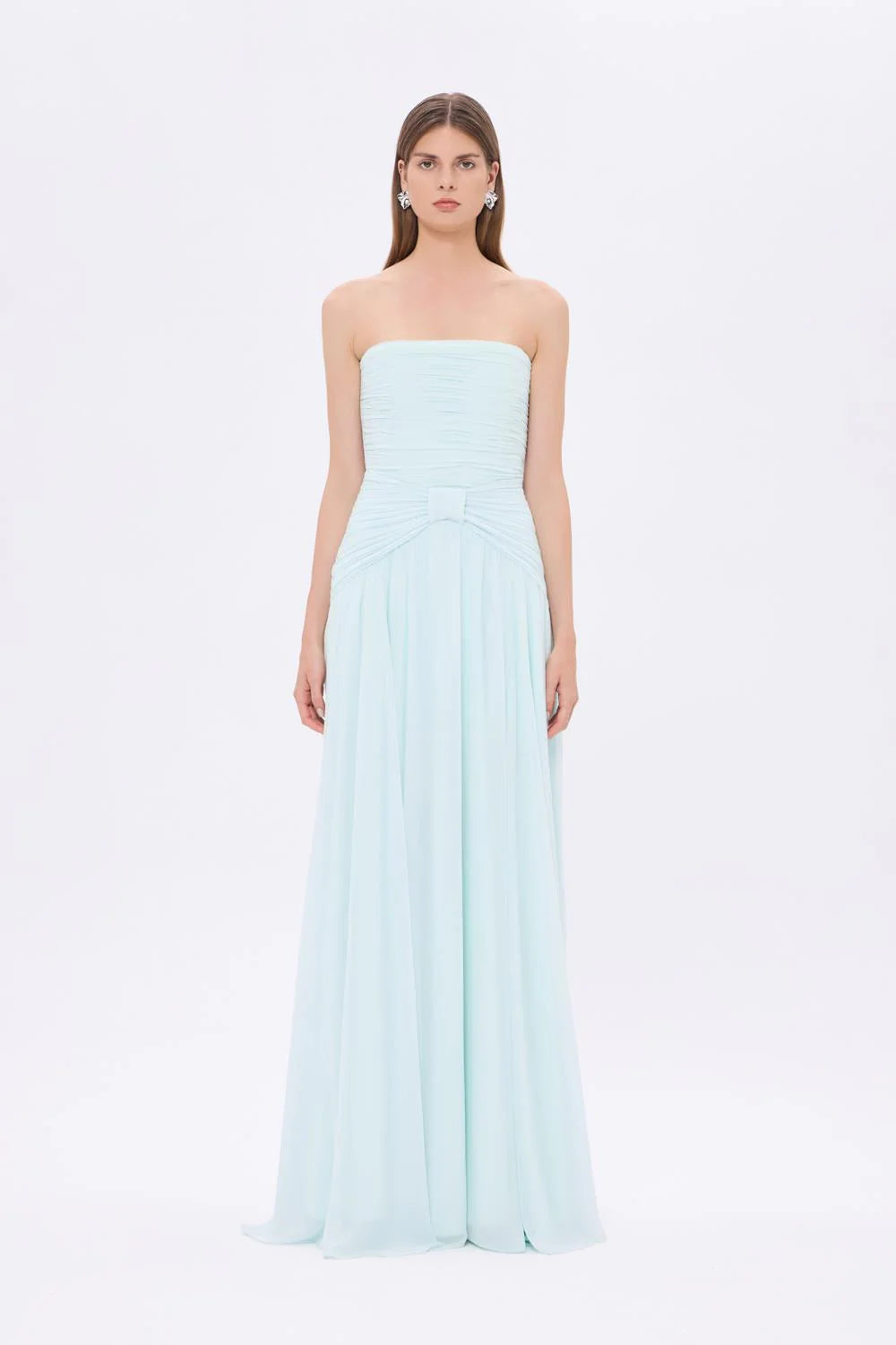 STRAPLEZ YAKA BEL DRAPELİ ŞİFON UZUN ABİYE ELBİSE - 9288C